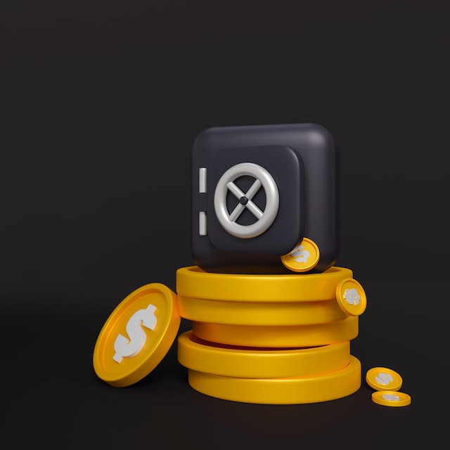 a stack of coins with a safe on the top