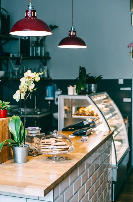 Bakery interior with potted flower on table near showcase